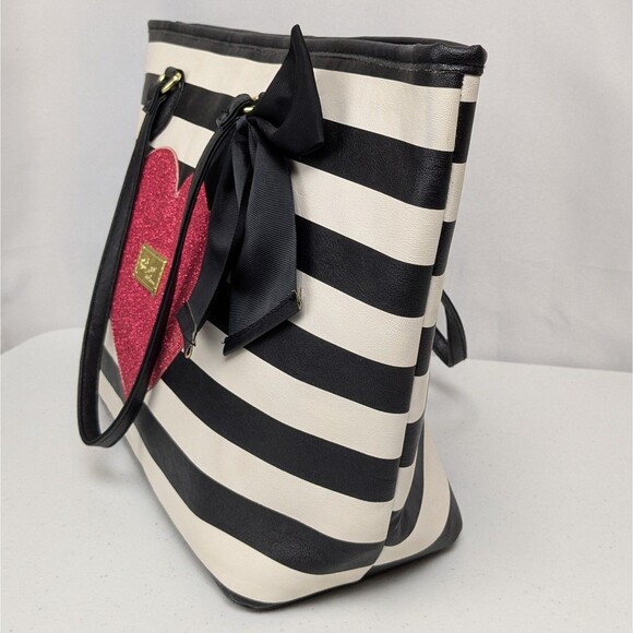 Luv Betsey Johnson Black White Striped Glitter Pink Heart Bow Tote Bag - Picture 2 of 11